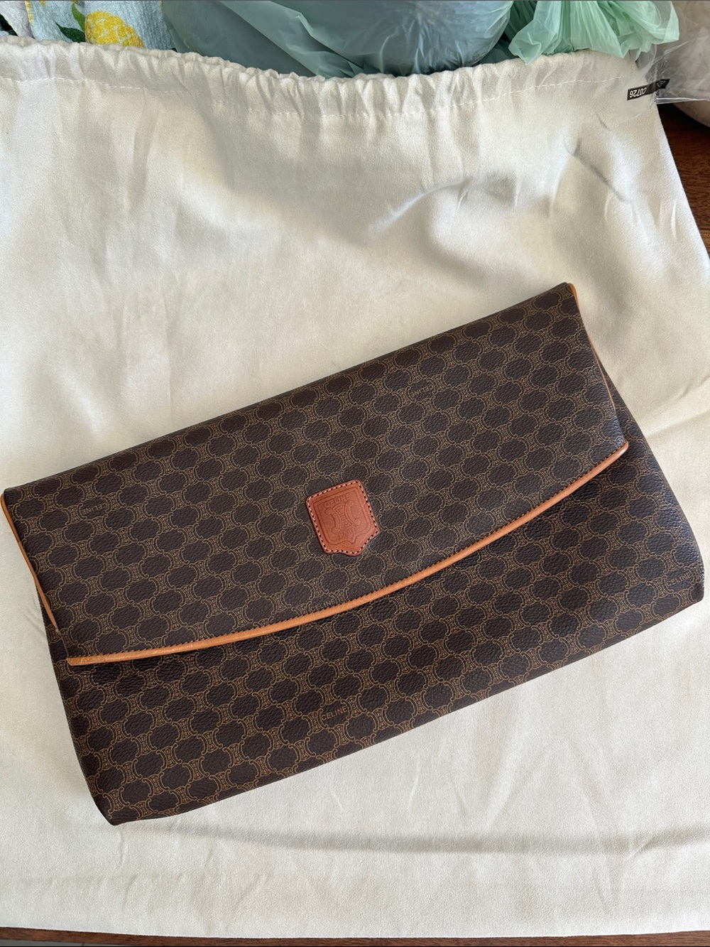 Celine Brown Macadam Monogram Canvas Envelope Clutch leather Vintage w/ CoA